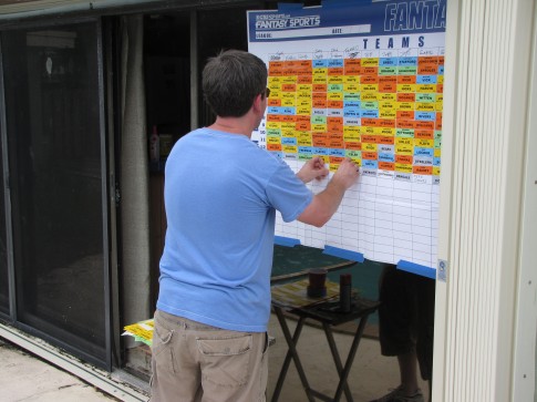 Jamey Eisenberg putting up pictures at our pool draft.